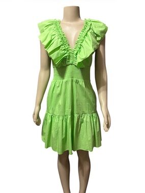 NWT Adrianna Papell Sz 6 Lime Green Ruffle Short Dress V-Neck Cotton Tiered $139